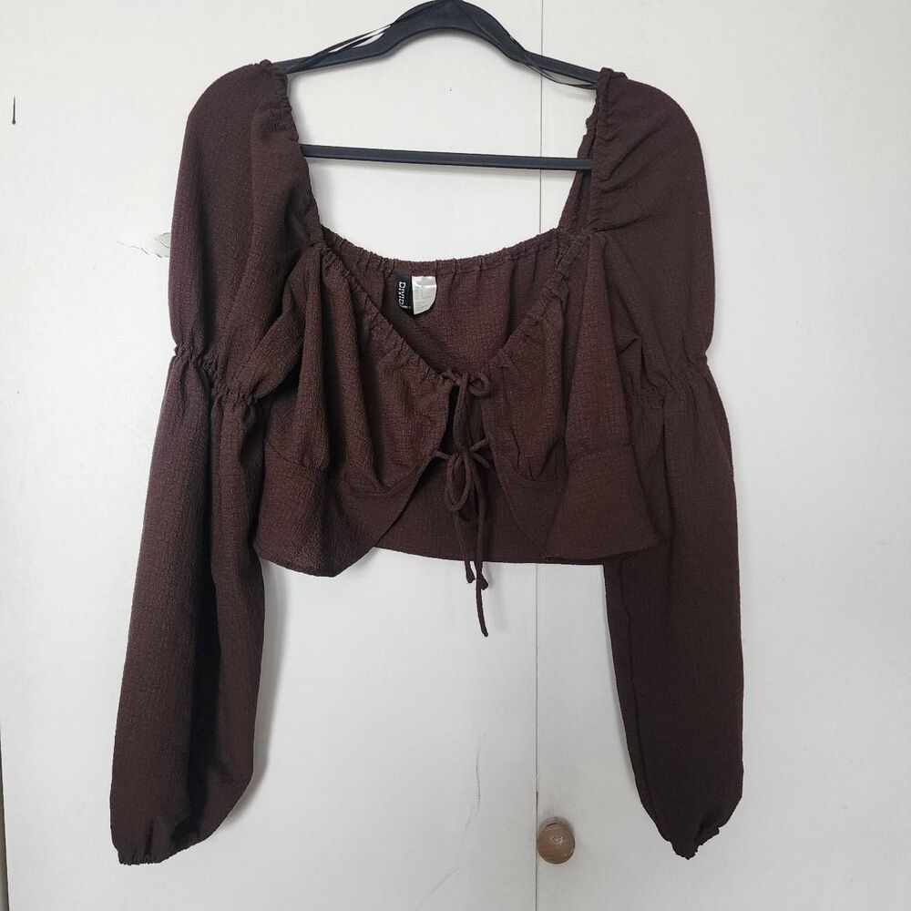 H&M Women's Brown tie front Crop-top long sleeve milkmaid L cottage core